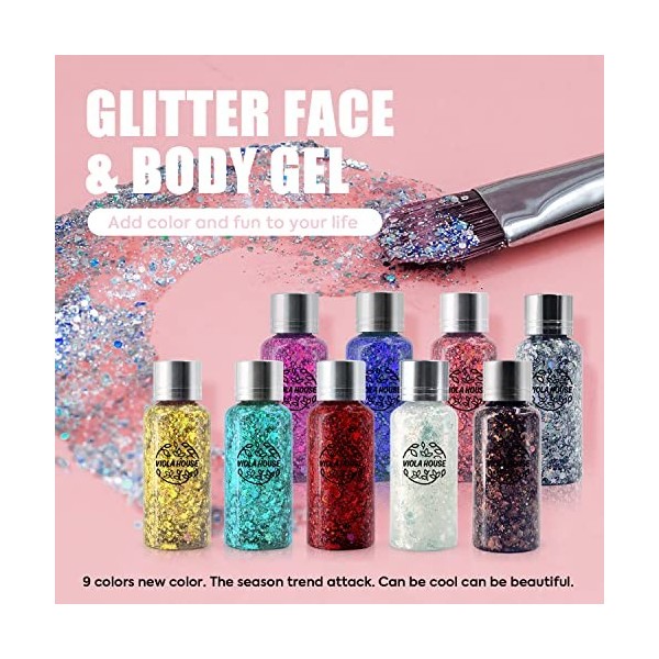 VIOLA HOUSE Paillettes Visage Festival,9 Couleurs Maquillage Paillettes Set,Chunky Glitter Paillettes en Poudre,Liquid Body G