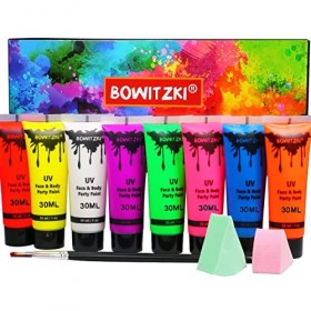 Bowitzki Lot de 8 tubes de peinture pour le corps fluorescent UV - 8 x 30 ml - Lumière noire - Peinture de visage fluorescent