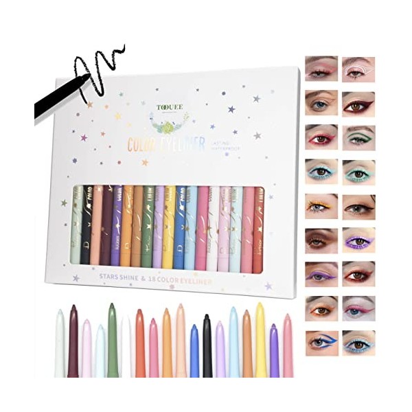 TOOUEE 18 Eyeliner Colorati, Maquillage Professionnel Eyeliner, Eyeliner Gel Pen, Occhi Coloriate Opaque Anti - Transpiration