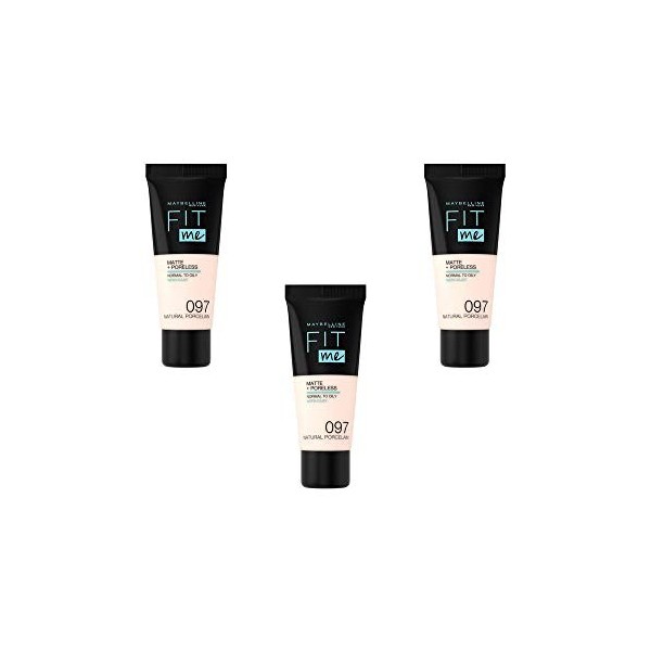 Maybelline New York Fond de teint Fluide Fit Me Matte & Poreless - 97 Porcelaine Naturelle, Lot de 3 3 x 30ml 