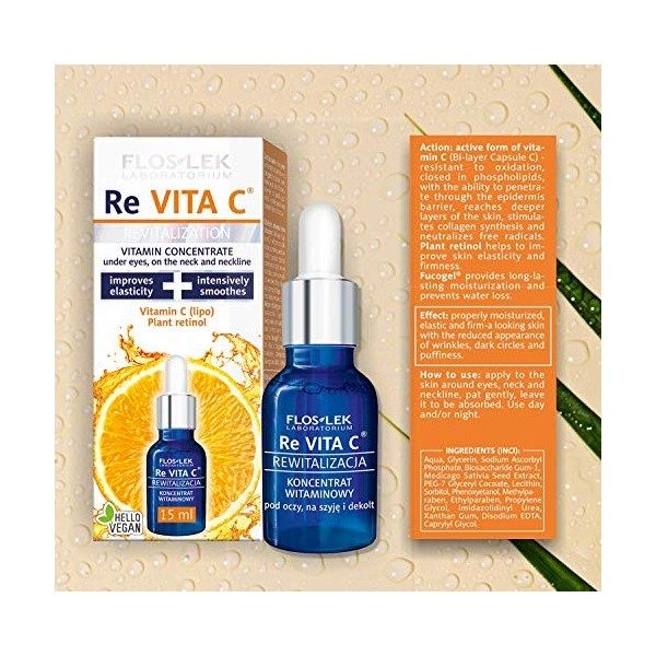 Floslek Revita C Concentré vitamine pour les yeux, le cou et le décolleté | 15 ml | Éclaire la peau, hydrate, lisse | Pour le