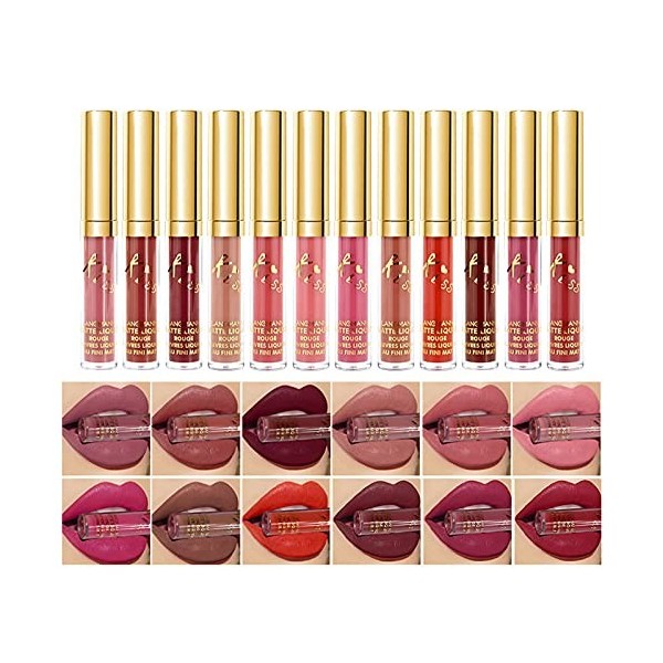 Kryz Ensemble De 12 Couleurs Rouge À Lèvres Mat Longue Tenue Liquide Velours Brillant Matte Imperméable Maquillage Liquid Lip