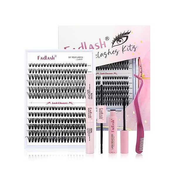 FADLASH Extension Cils Kit DIY Faux Cils Individuel 240pcs, Lash Bond et Seal, Dissolvant pour Colle Cils, Pince Cils