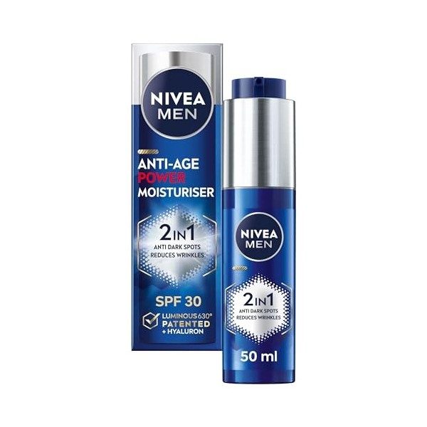 NIVEA MEN Hydratant anti-âge 2 en 1 50 ml , avec SPF 30, lumineux 630 et acide hyaluronique pour la protection solaire, la p