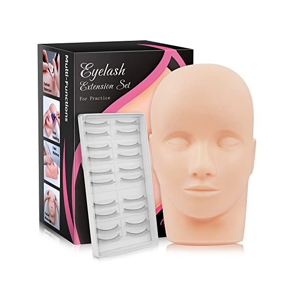 Beauty7 Mannequin Tete Presentoir Plate en Silicone avec 10 Paires Faux Cils pour Pratique Cils Extensions de Cils Maquillage