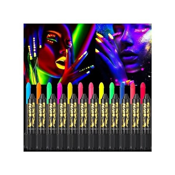 Kit de peinture faciale 12 couleurs de visage qui brillent dans le noir, crayons de peinture for le corps de fête, ensemble d