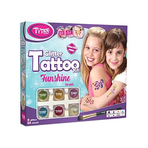 Kit de tatouage à paillettes Tytoo Funshine pour filles, avec 55 modèles inclus. Hypoallergénique, durable jusqu’à 18 jours