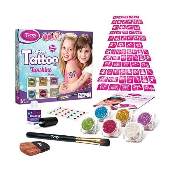 Kit de tatouage à paillettes Tytoo Funshine pour filles, avec 55 modèles inclus. Hypoallergénique, durable jusqu’à 18 jours