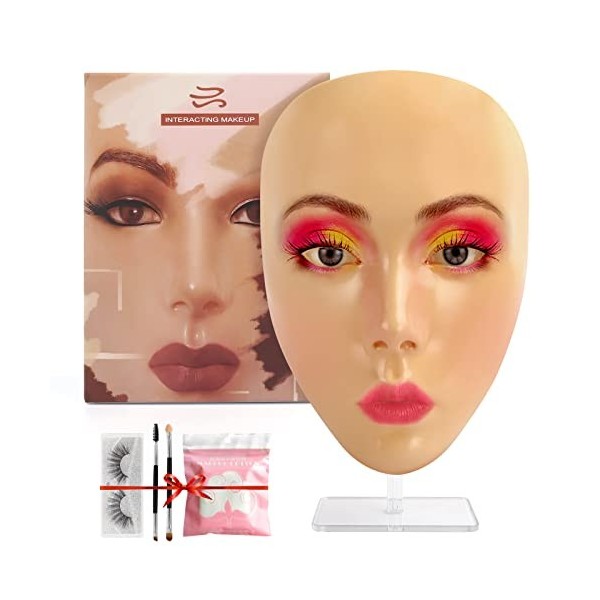Deciniee Face à la Pratique du Maquillage,Visage dEntraînement en Silicone Avec 2 Stylos Esthétiques 5 Paires de Cils et Cot