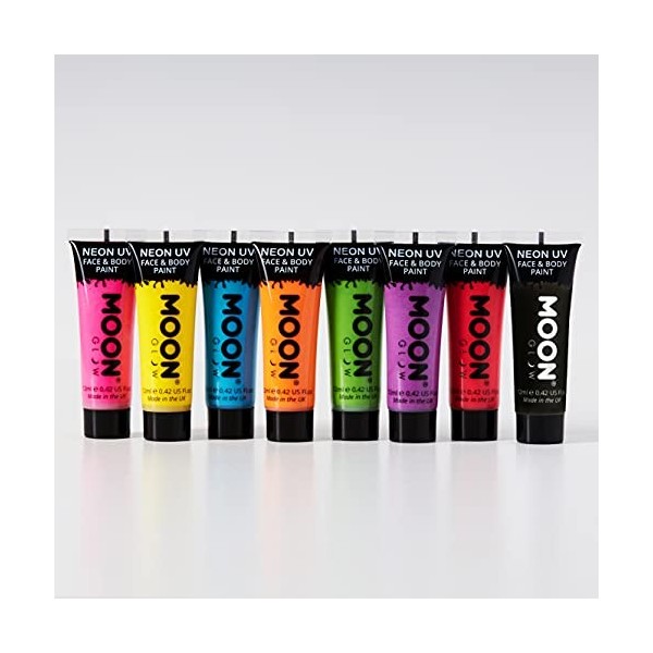 Moon Glow Peinture UV pour le visage et le corps Neon - comprend un porte-clés UV, 12 ml paquet de 16 