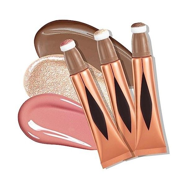 Ofanyia 3Pcs Highlighter & Blush & Contour Beauty Wand, Liquid Face Concealer Contouring with Cushion Applicator, Natural Mat