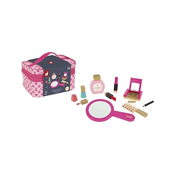 Janod - Vanity Enfant Ptite Miss - 9 Accessoires en Bois Massif Inclus - Jouet dImitation Trousse Beauté et Maquillage, J06