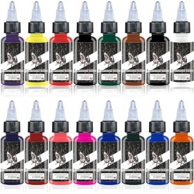 DLD Lot de 16 flacons dencre de tatouage universelle noire pure sans danger pour la peau, fournitures de tatouage permanente