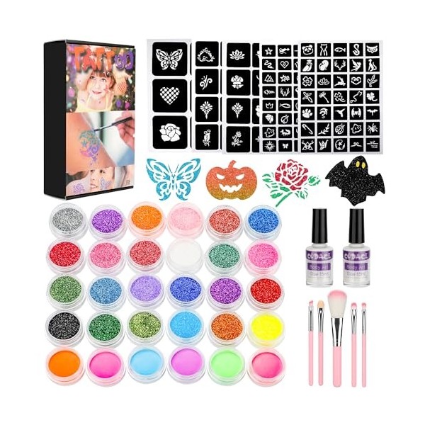 Temporary Glitter Tattoo Kit, 24 Sparkly Color and 6 Fluorescent Color Glitter for Girls - Colorful Fake Tattoo Kit for Kids,