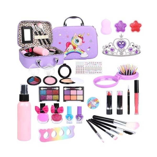 DKINY 28pcs Licorne Maquillage Enfant Fille Coffret Maquillage Enfant Pinceaux Maquillage Eponge Rouge Lèvres Kit Maquillage 