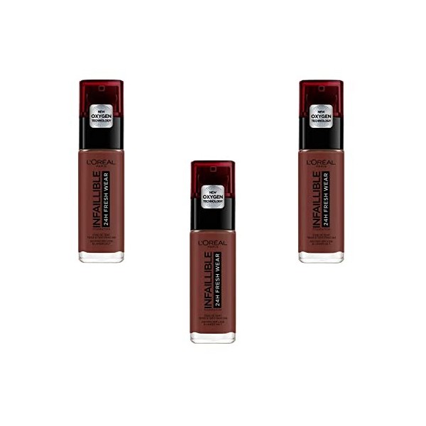 LOréal Paris Fond de Teint Fluide Infaillible 24h Fresh Wear - Tous Types de Peaux - 385 Cacao, Lot de 3 3 x 30 ml 