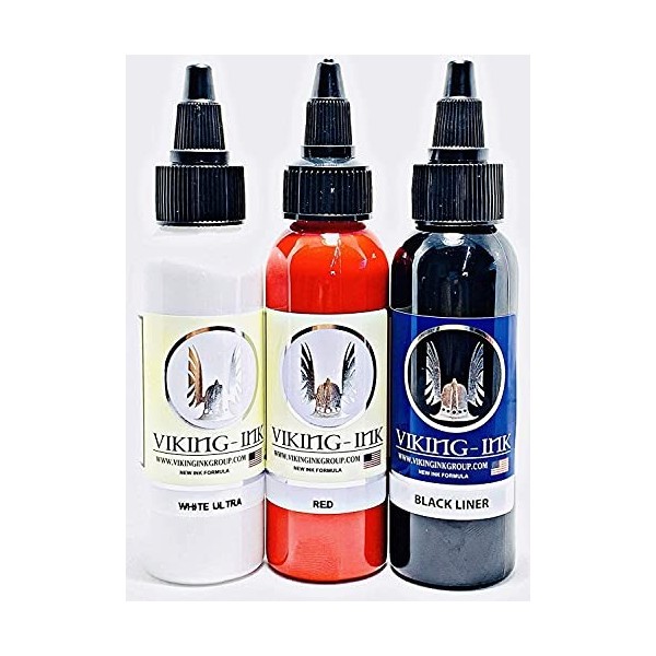 Viking-Ink B&W Kit dencre dencre Ligne noire + réseau ultra + blanc pour tatouage 30ml