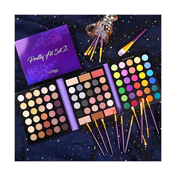 UCANBE Palette de fards à paupières 86 couleurs nude avec 15 pinceaux de maquillage, paillettes mates, durables, hautement pi