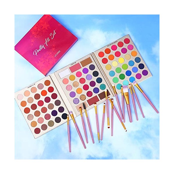 UCANBE Palette de fards à paupières professionnelle 86 couleurs avec 15 pinceaux de maquillage Ensemble de paillettes mates l