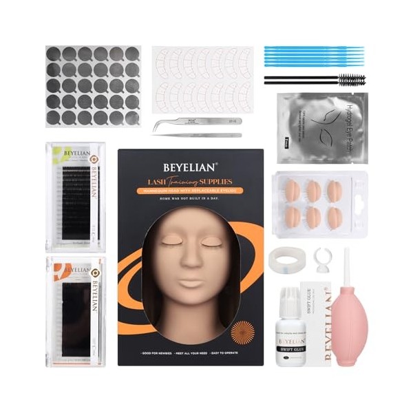 BEYELIAN Kit dextension de cils, tête de mannequin avec paupières de rechange, kit de cils en silicone pour débutants et pro