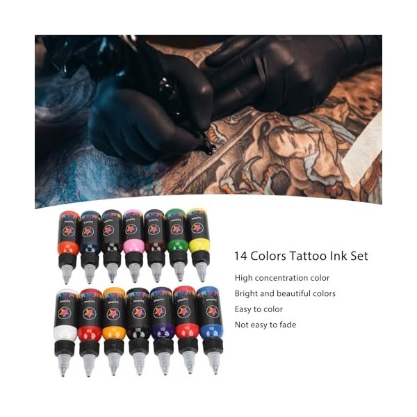 Ensemble Dencre de Tatouage, 30 Ml 14 Couleurs, Ensemble de Pigments de Tatouage, Fournitures de Tatouage pour Maquillage 3D