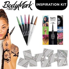 BodyMark by BIC 6&nbsp;Stylos de Tatouage Temporaire 4&nbsp;pointes pinceaux + 2 pointes&nbsp;fines 9&nbsp;Pochoirs 1&nbsp;Lookbook - Pack de 6+9+1