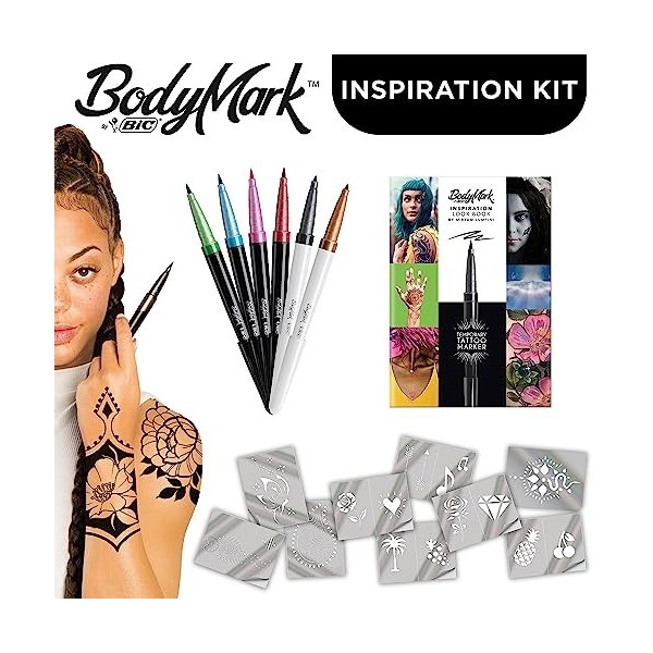 BodyMark by BIC 6 Stylos de Tatouage Temporaire 4 pointes pinceaux + 2 pointes fines 9 Pochoirs 1 Lookbook - Pack de 6+9+1