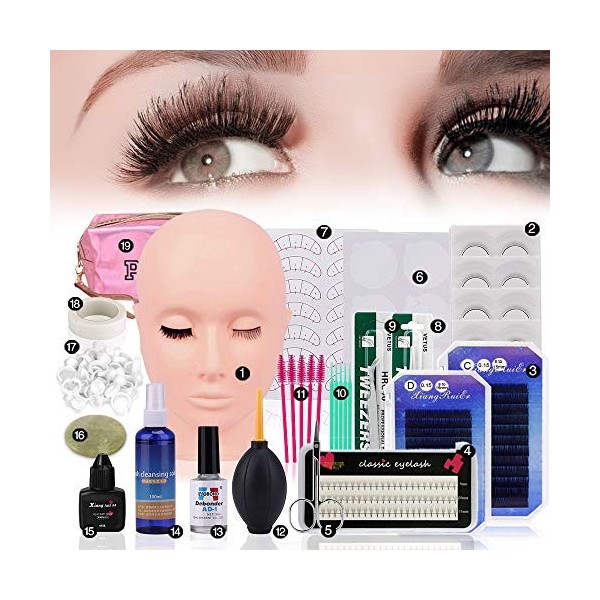 19 Pièces Kit Extension De Cils, TopDirect Formation Professionnelle En Tête De Mannequin Kit Complet dExtension de cils kit