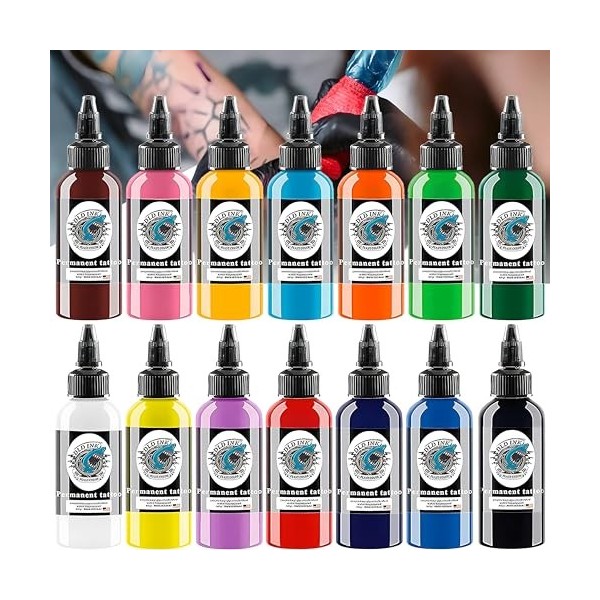 DLD Kit de peinture de tatouage professionnel 14 couleurs 30 ml par bouteille, noir, rouge, blanc, tatouages dencre Stick an