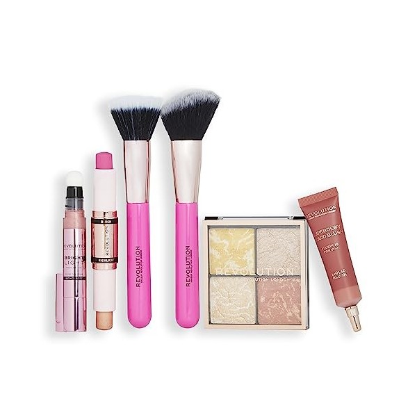 Ensemble Cadeau "Blush & Glow" de Revolution, Blush Liquides, Enlumineurs & 2 Pinceaux Inclus