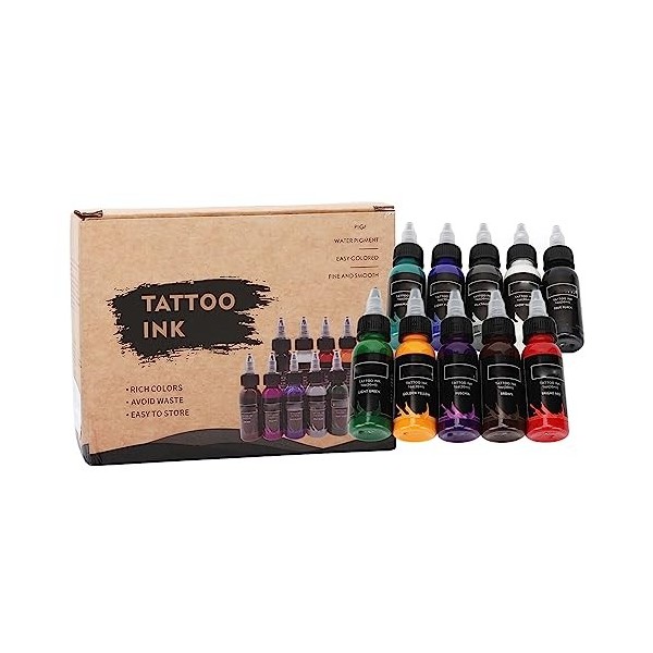 Kit DEncre de Tatouage 10 Pièces, Kit Complet de Pigments de Couleurs, Encre de Tatouage Professionnelle Longue Durée 30 Ml