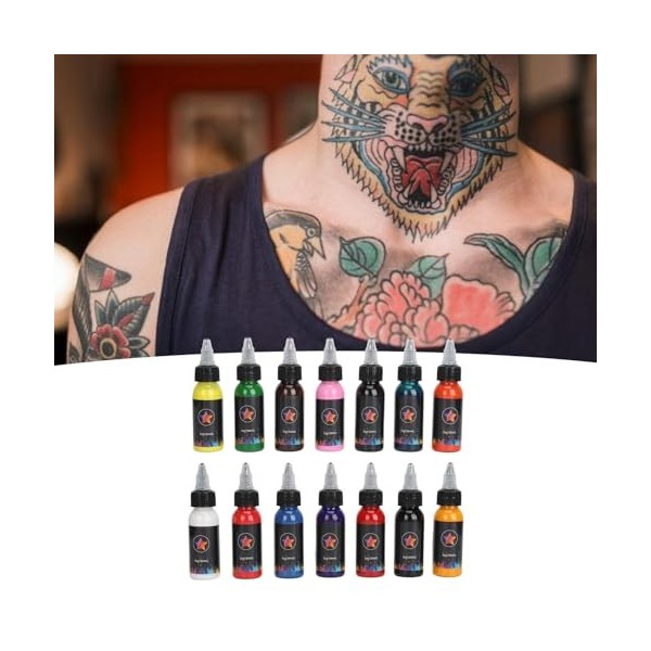 Ensemble Dencre de Tatouage 14 Couleurs 30 Ml, Coloration Facile, Pigments de Tatouage à Haute Concentration, Ensemble de Co