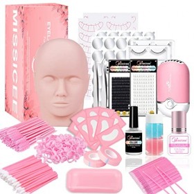Missicee Kit dextension de cils 328 pièces avec tête de mannequin, colle à séchage rapide 0,3 s, ventilateur USB, pinces, ne