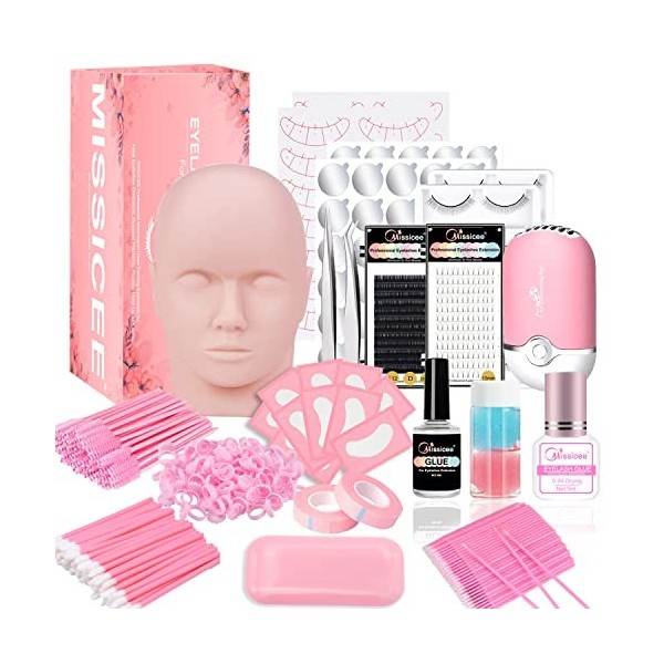 Missicee Kit dextension de cils 328 pièces avec tête de mannequin, colle à séchage rapide 0,3 s, ventilateur USB, pinces, ne