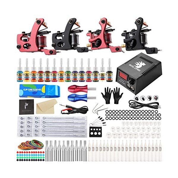 Solong Tattoo® Kit de Tatouage Complète 2 Machine à Tatouer Professionnelle 10 Encres Power Supply Aiguille de Tatouage Tatto