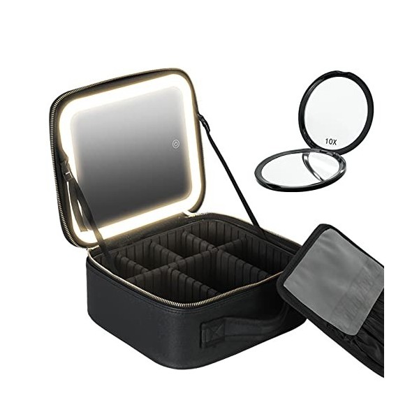 Mallette De Voyage De Maquillage avec Miroir LED 3 Luminosité Réglable Trousse À Cosmétiques Rangement Portable Cloison Régla