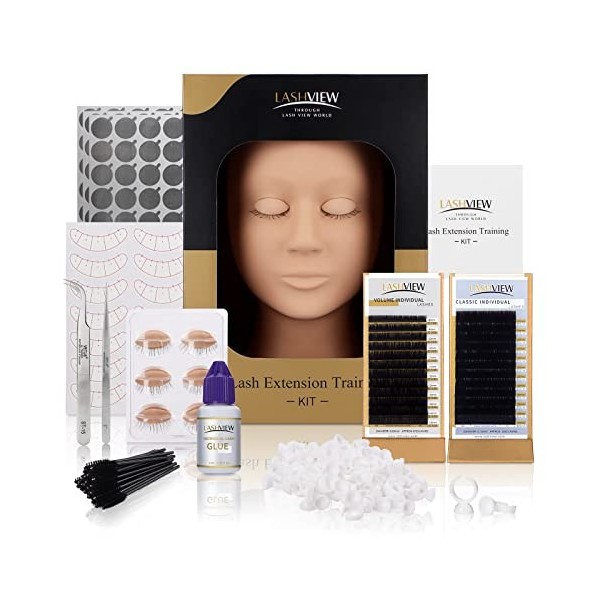 LASHVIEW Kit dextension de cils, kit professionnel de tête de mannequin avec 4 paupières amovibles, kit de cils pour débutan