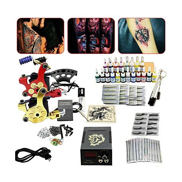 Kit complet de tatouage professionnel - 2 machines à tatouer - 20 couleurs - Inks - 50 aiguilles - Bloc dalimentation - Kit 