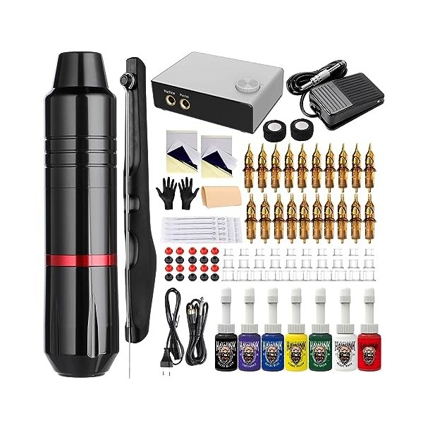 HAWINK Tattoo Pen Set set Set de tatouage rotatif complet avec 20 aiguilles de cartouche dencre de tatouage de puissance, dé