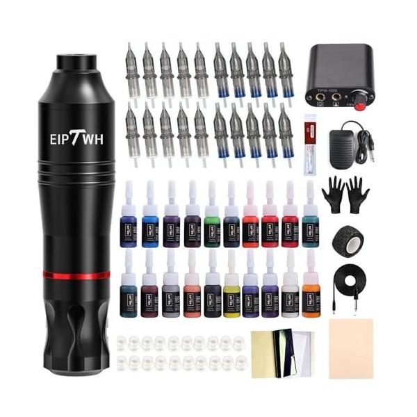 EIPTWH Kit de tatouage complet pour débutants, kit de machine à tatouer rotative avec 20 cartouches daiguilles, 20 couleurs 