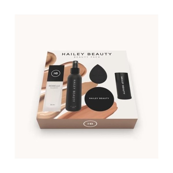 Coffret Cadeau Teint parfait Hailey Beauty | fond de teint blanc adaptable à la couleur de la peau, éponge maquillage, pincea