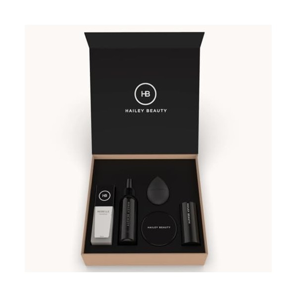 Coffret Cadeau Teint parfait Hailey Beauty | fond de teint blanc adaptable à la couleur de la peau, éponge maquillage, pincea