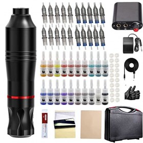 Kit Complet de Machine à Tatouer, 20 Couleurs dencre pour Tatouage, Kit de Tatouage Rotatif pour Débutants, 20 Cartouches d