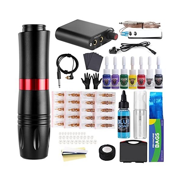 HAWINK Kit de tatouage - Kit complet de stylo pour machine à tatouer rotative Alimentation 20 pièces Cartouches Aiguilles 7 E