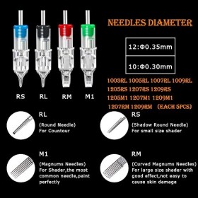 Unihubys Aiguilles de Cartouches de Tatouage - 60pcs aiguilles à cartouches de tatouage mixtes 1003RL 1005RL 1007RL 1009RL 12