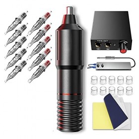 Junzheng Kit Stylo de Tatouage,Kit de Tattoo Stylo Rotatif Hybride,Mini Alimentation de Tatouage,20 Aiguilles de Tatouage,10 
