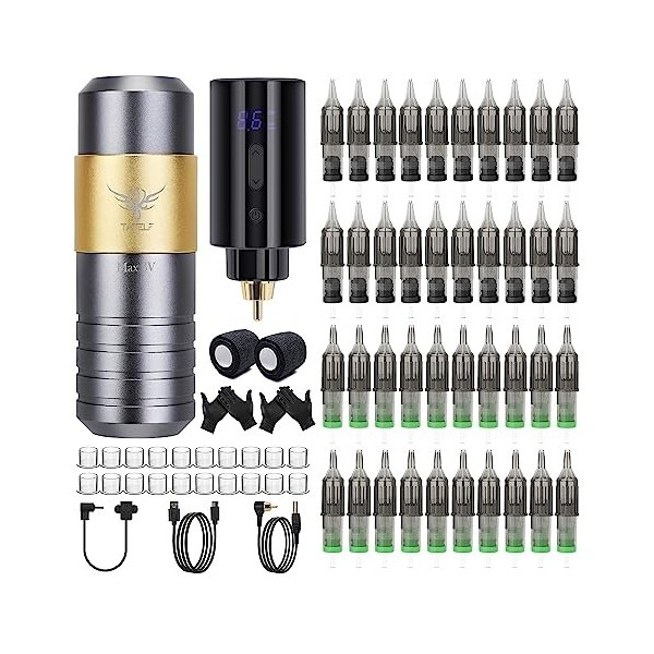 TATELF Machine a Tatouer kit complet, Machine à tatouer sans fil avec 40 pièces Aiguille Tatouage cartouche alimentation sans