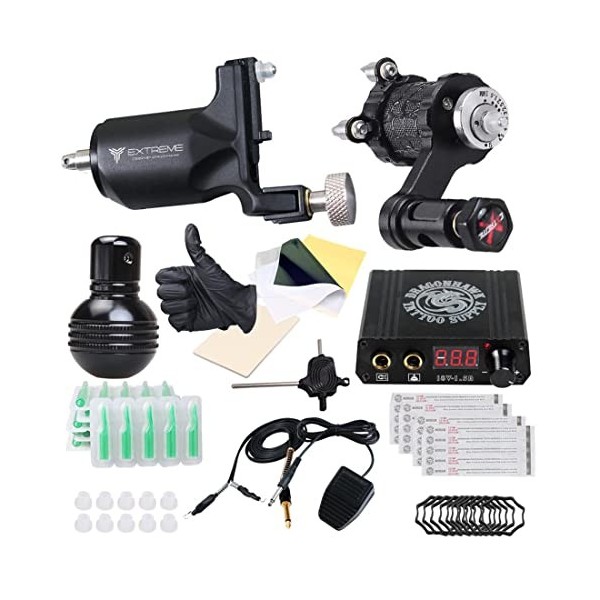 Dragonhawk Extreme V2 Tattoo Kit 2 Rotary Machines Motor Gun Power Supply Disposable Needles Tips for Tattoo Artist