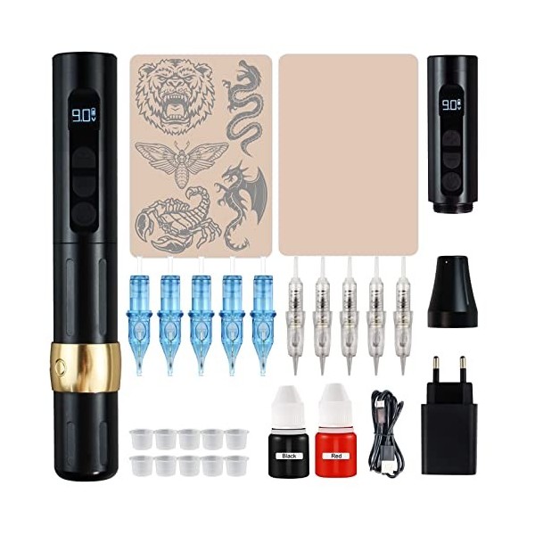 Machine Tatouer Sans Fil avec écran LCD Numérique Moteur Sans Noyau 5V-9V Puissant équipement Stylo Tatouer Rotatif KIT 3 