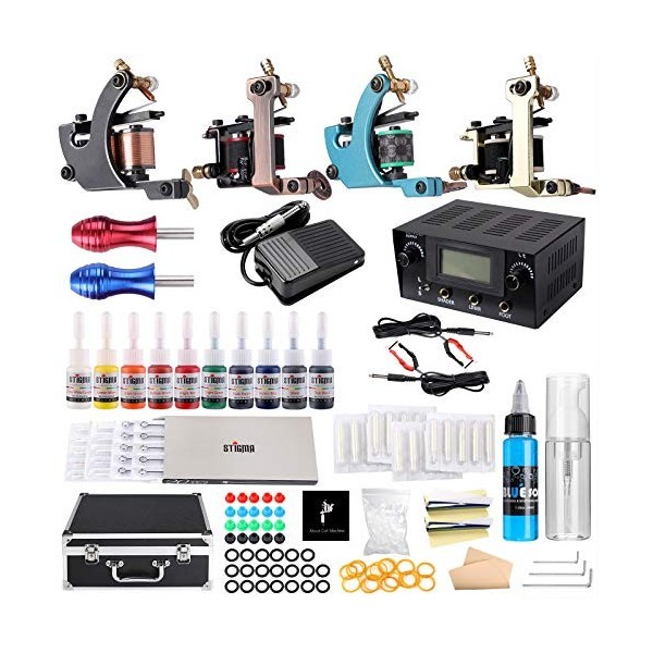 STIGMA Kit Tatouage Achevé Tattoo Machine Kit pour Débutants 4 Mitraillettes de Tatouage à Bobine Alimentation Numérique LED 